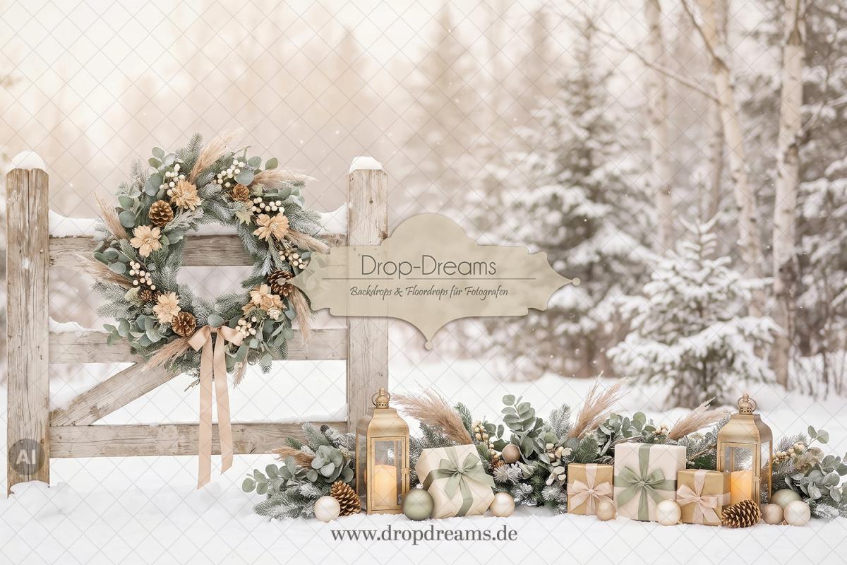 Weihnachts-Backdrop Winter Boho mit Eukalyptus, Pampasgras und Holzzaun in Sage, Beige und Champagner von Drop-Dreams